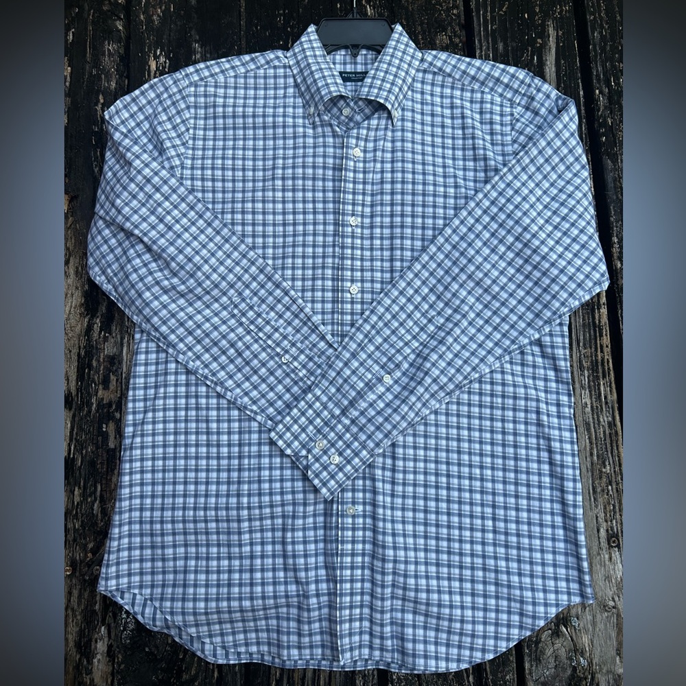 Peter Millar Collection Men’s Long Sleeve Button Down M Blue Gray Plaid Shirt G1
